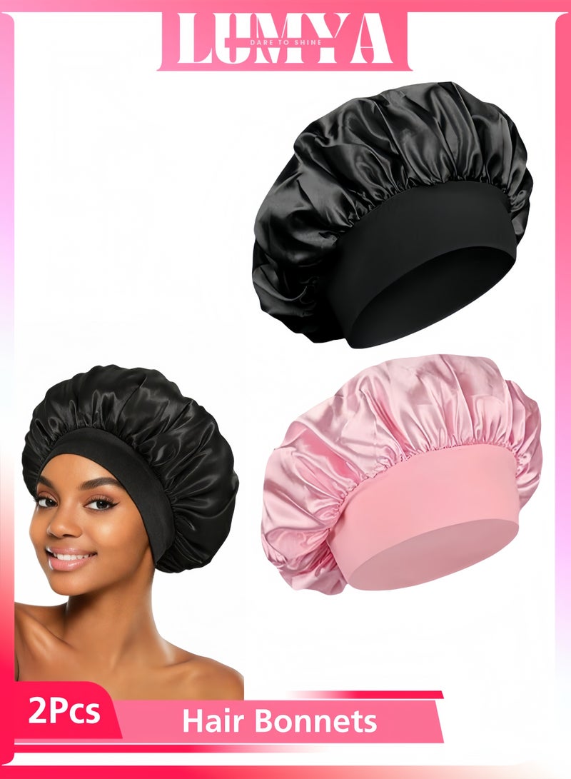 LUMYA 2Pcs Hair Bonnets for Sleeping, Silk Bonnets, Satin Bonnets with Soft Elastic Band, Sleep Cap for Curly Natural Long Hair, Hair Wrap for Women (Black, Pink) - Image 1